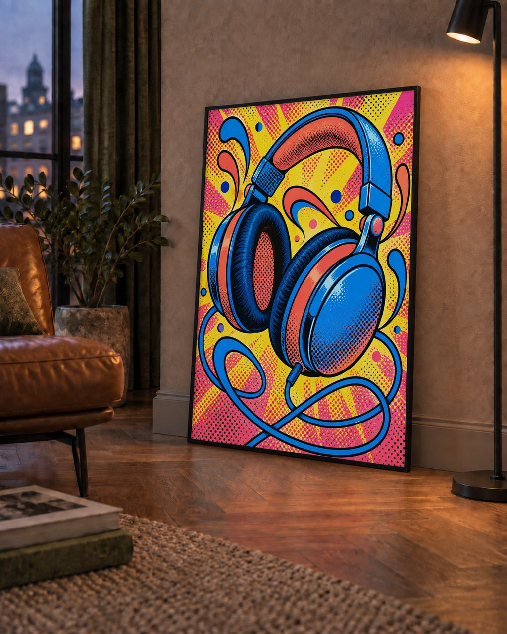 Pop Art Kulaklık Poster – Renkli ve Dinamik Duvar Dekoru — çerçeveli hâliyle bir ev duvarında