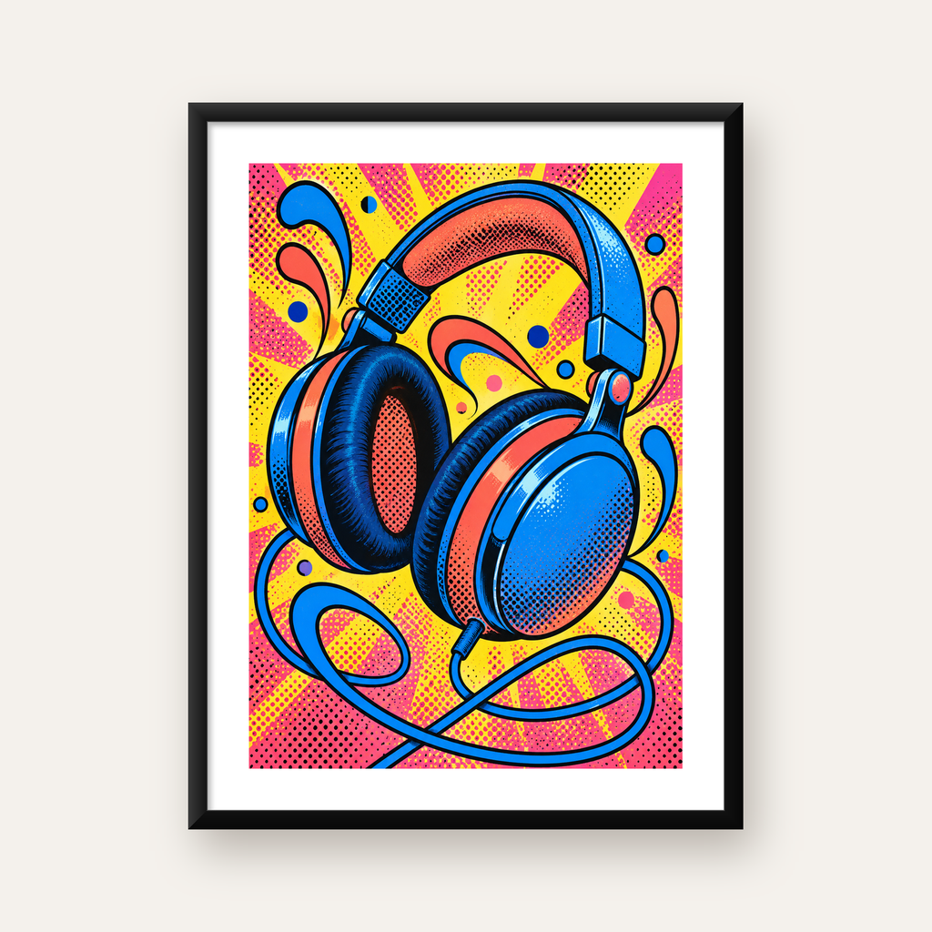 Pop Art Kulaklık Poster – Renkli ve Dinamik Duvar Dekoru — Dikey baskı, beyaz paspartulu