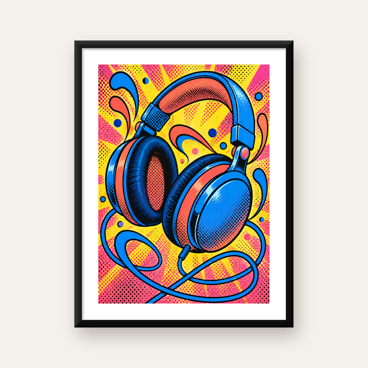 Pop Art Kulaklık Poster – Renkli ve Dinamik Duvar Dekoru — Dikey baskı, beyaz paspartulu