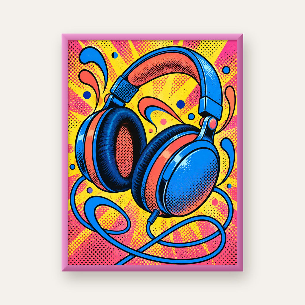 Pop Art Kulaklık Poster – Renkli ve Dinamik Duvar Dekoru — pembe çerçeveli