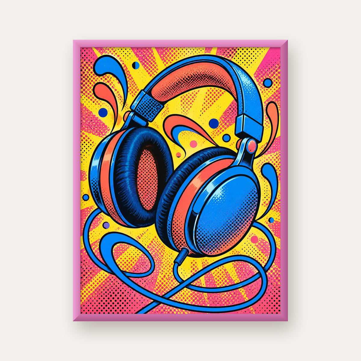 Pop Art Kulaklık Poster – Renkli ve Dinamik Duvar Dekoru — pembe çerçeveli