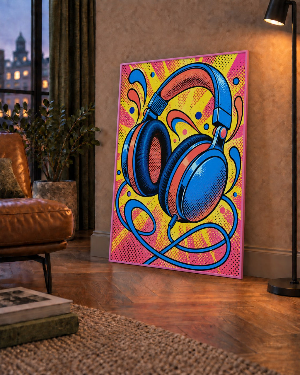 Pop Art Kulaklık Poster – Renkli ve Dinamik Duvar Dekoru — çerçeveli hâliyle bir ev duvarında