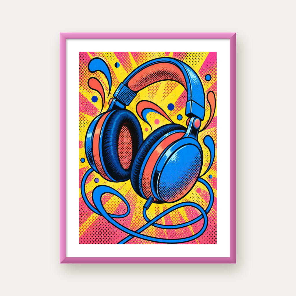 Pop Art Kulaklık Poster – Renkli ve Dinamik Duvar Dekoru — pembe çerçeveli paspartulu
