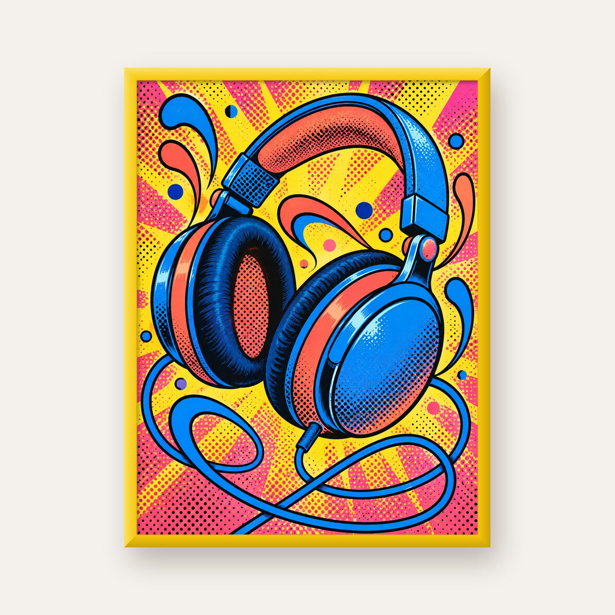 Pop Art Kulaklık Poster – Renkli ve Dinamik Duvar Dekoru — sarı çerçeveli