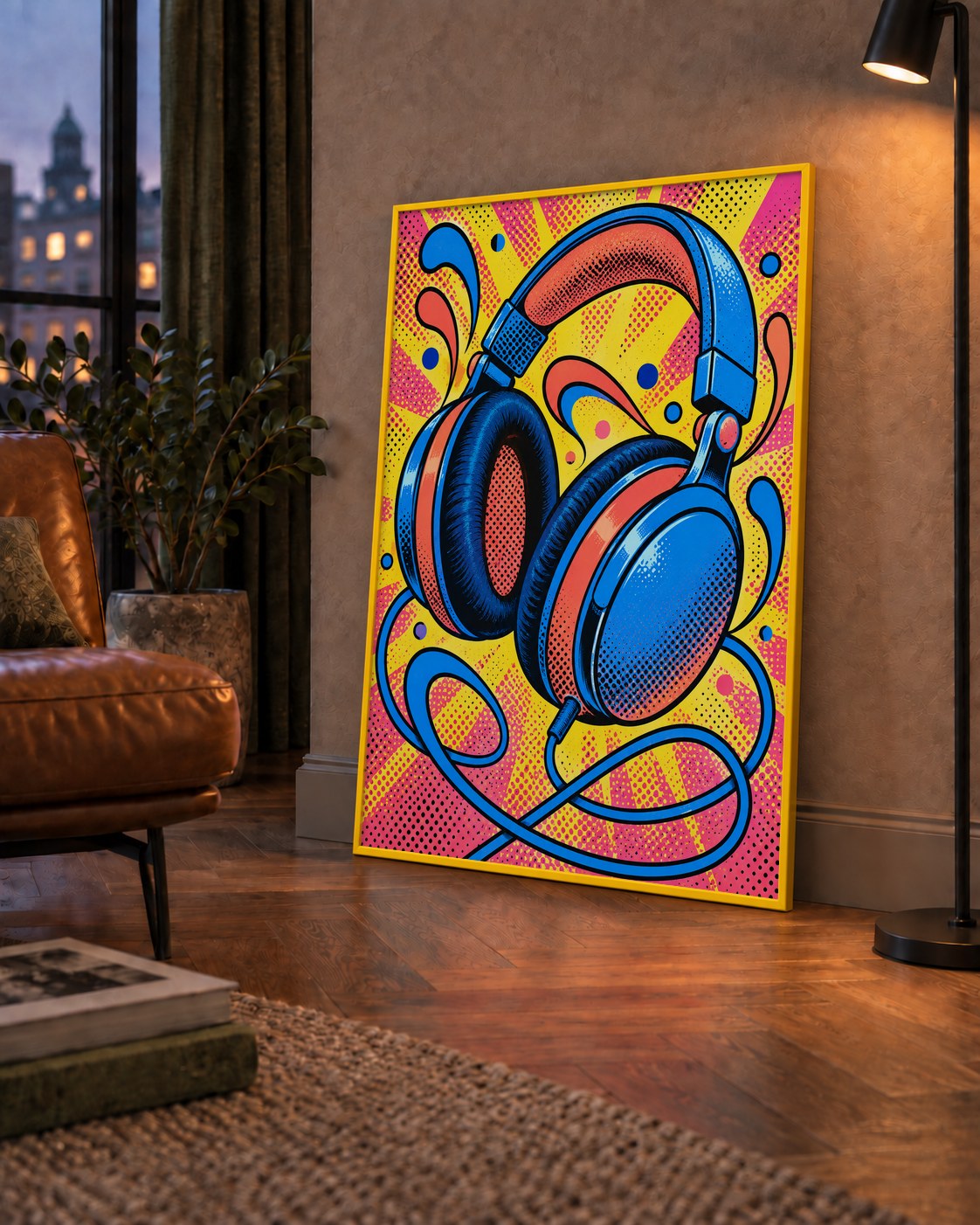 Pop Art Kulaklık Poster – Renkli ve Dinamik Duvar Dekoru — çerçeveli hâliyle bir ev duvarında