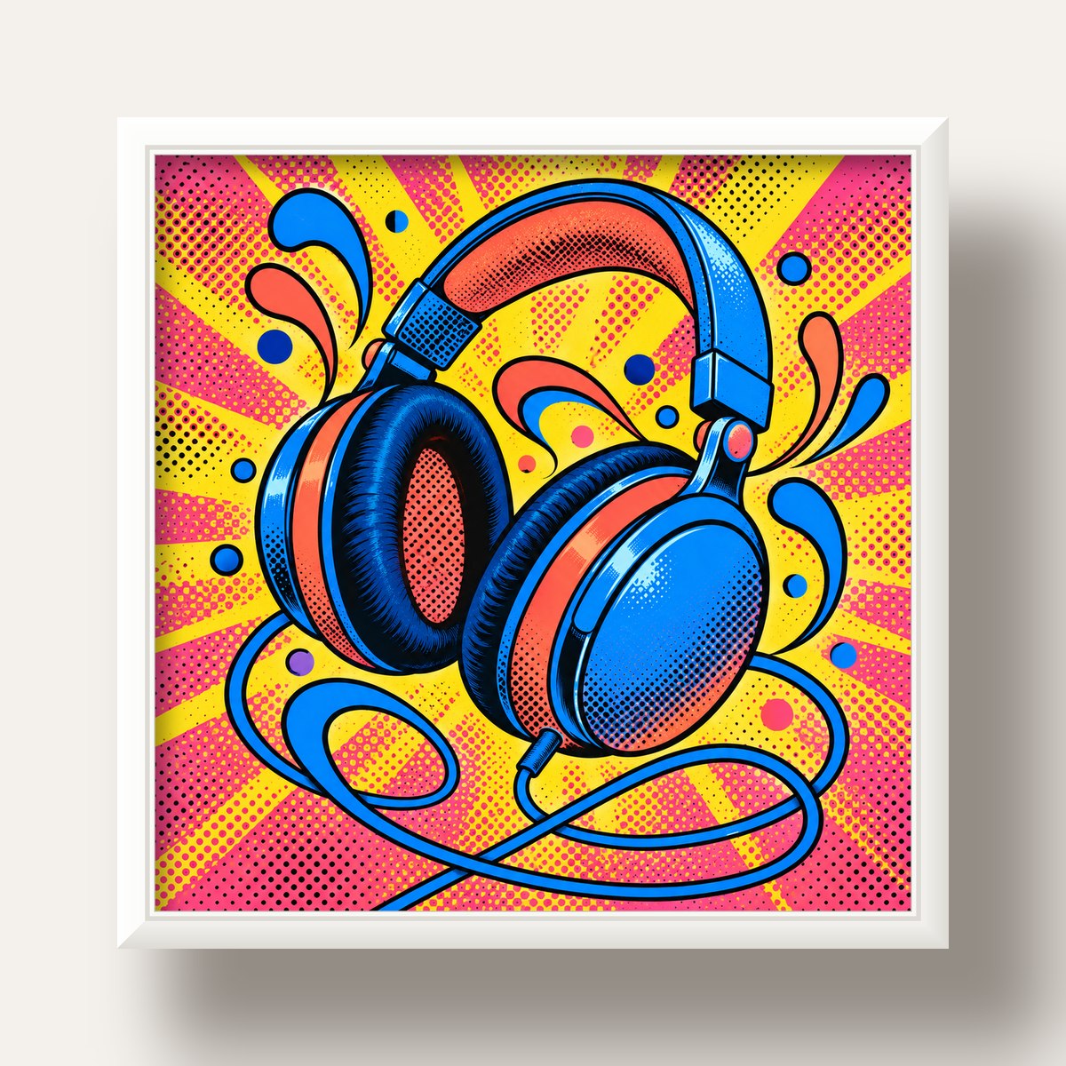 Pop Art Kulaklık Poster – Renkli ve Dinamik Duvar Dekoru — beyaz derin çerçeveli