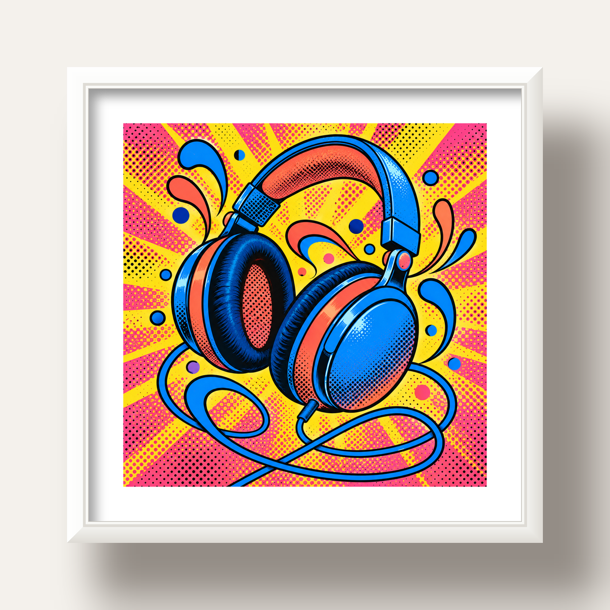 Pop Art Kulaklık Poster – Renkli ve Dinamik Duvar Dekoru — beyaz derin çerçeveli paspartulu