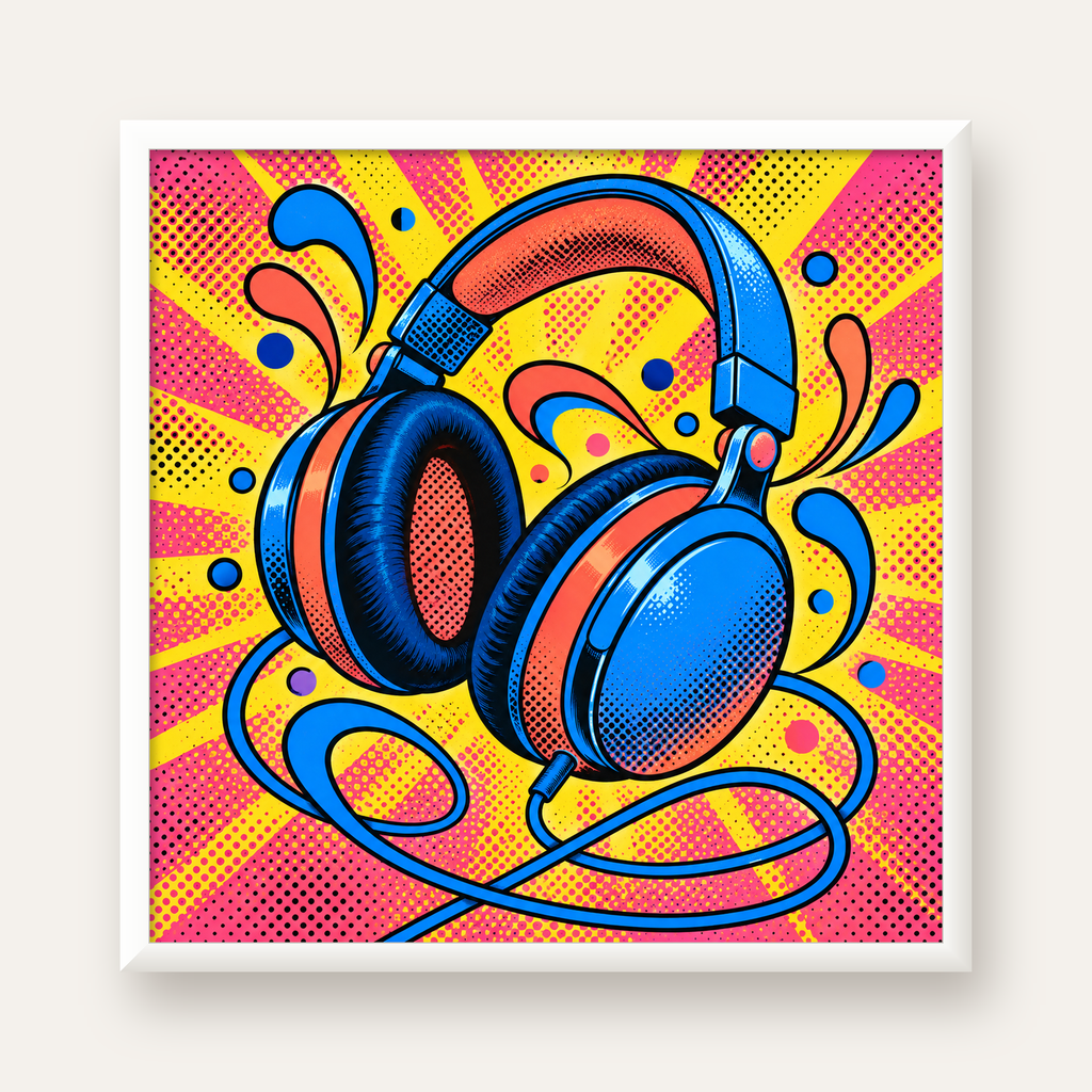 Pop Art Kulaklık Poster – Renkli ve Dinamik Duvar Dekoru — beyaz çerçeveli kare poster