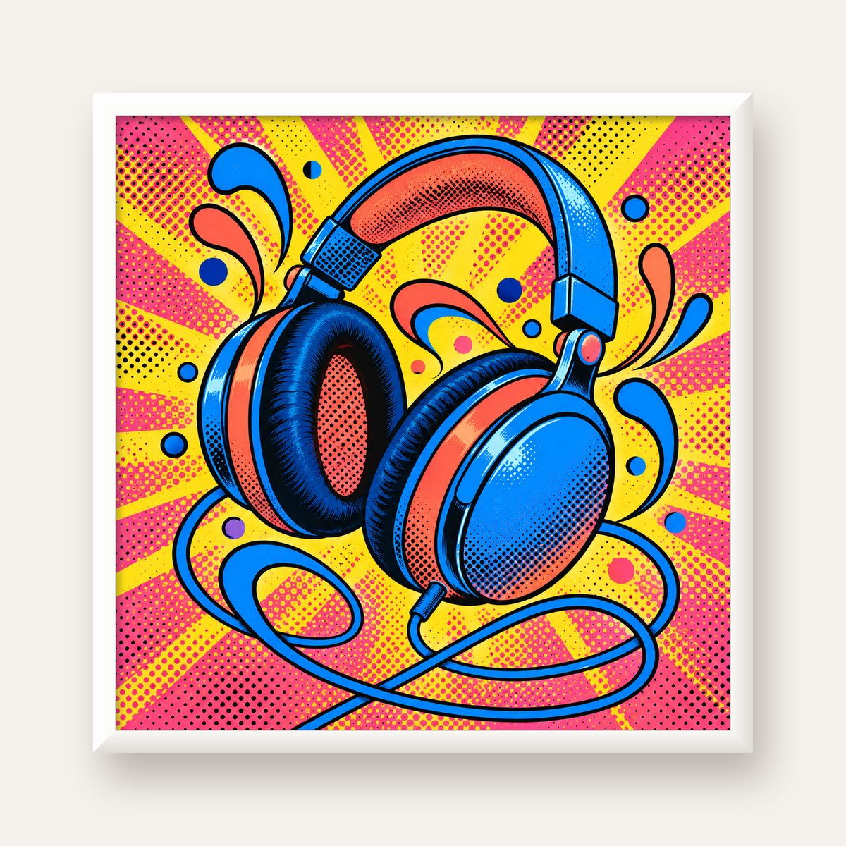 Pop Art Kulaklık Poster – Renkli ve Dinamik Duvar Dekoru — beyaz çerçeveli kare poster