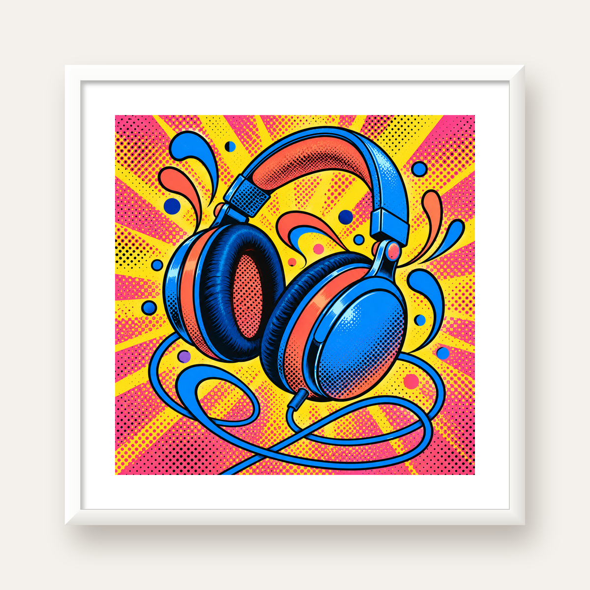 Pop Art Kulaklık Poster – Renkli ve Dinamik Duvar Dekoru — beyaz çerçeveli kare poster