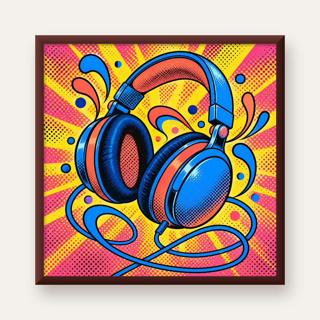 Pop Art Kulaklık Poster – Renkli ve Dinamik Duvar Dekoru — ceviz çerçeveli