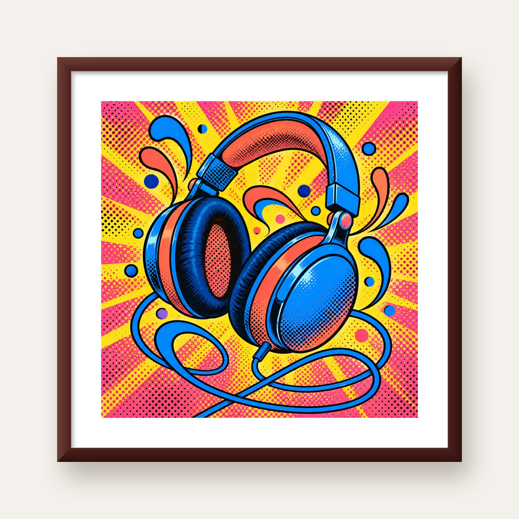 Pop Art Kulaklık Poster – Renkli ve Dinamik Duvar Dekoru — ceviz çerçeveli paspartulu