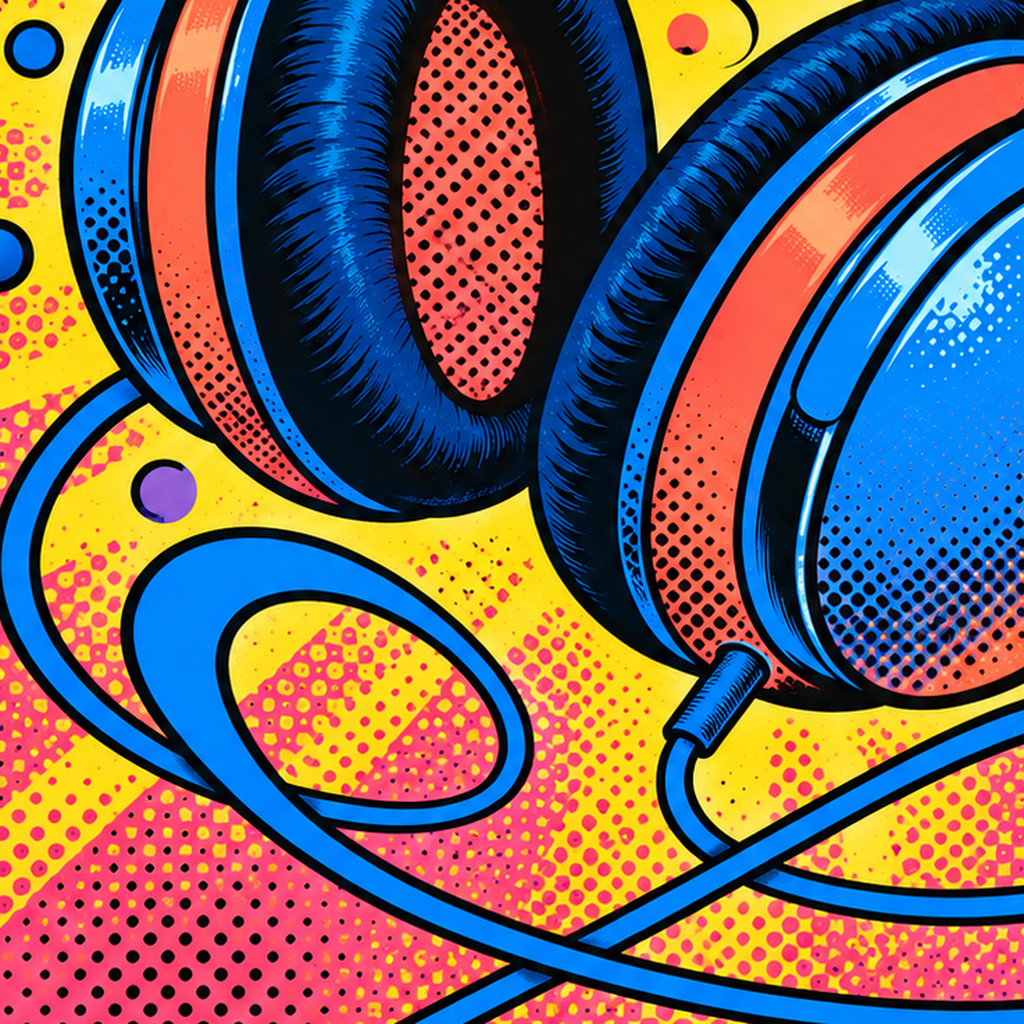 Pop Art Kulaklık Poster – Renkli ve Dinamik Duvar Dekoru — baskının yakın çekimi, kâğıt dokusu ve renk detayı