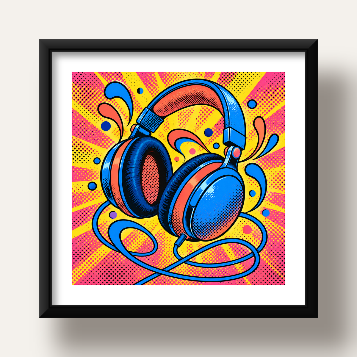 Pop Art Kulaklık Poster – Renkli ve Dinamik Duvar Dekoru — siyah derin çerçeveli paspartulu