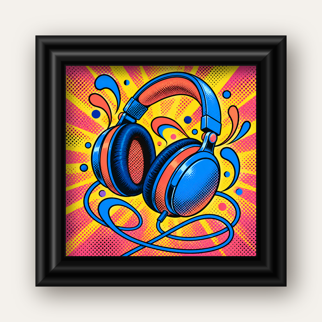Pop Art Kulaklık Poster – Renkli ve Dinamik Duvar Dekoru — siyah galeri çerçeveli