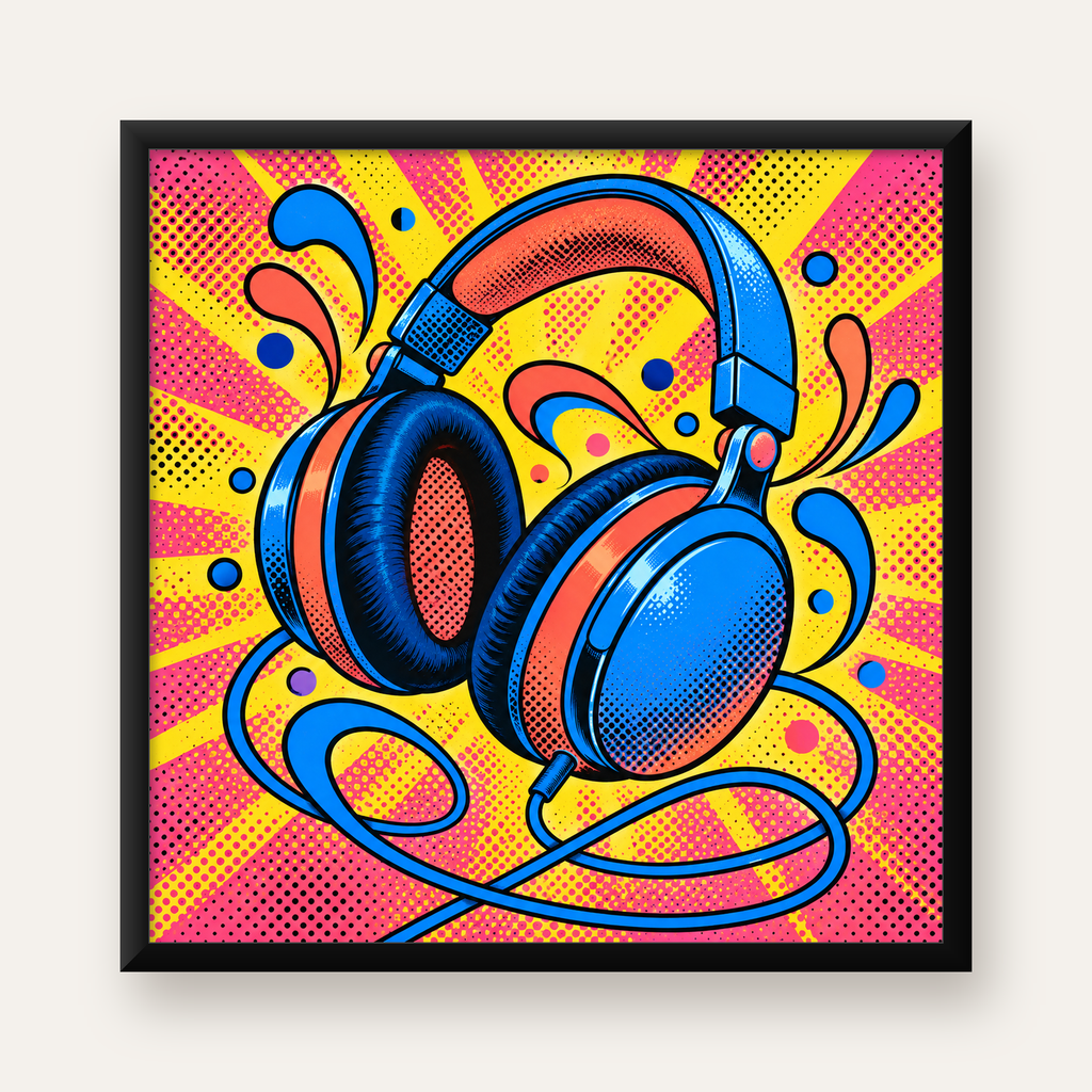 Pop Art Kulaklık Poster – Renkli ve Dinamik Duvar Dekoru — Kare baskı, düz siyah çerçeveli duvar posteri