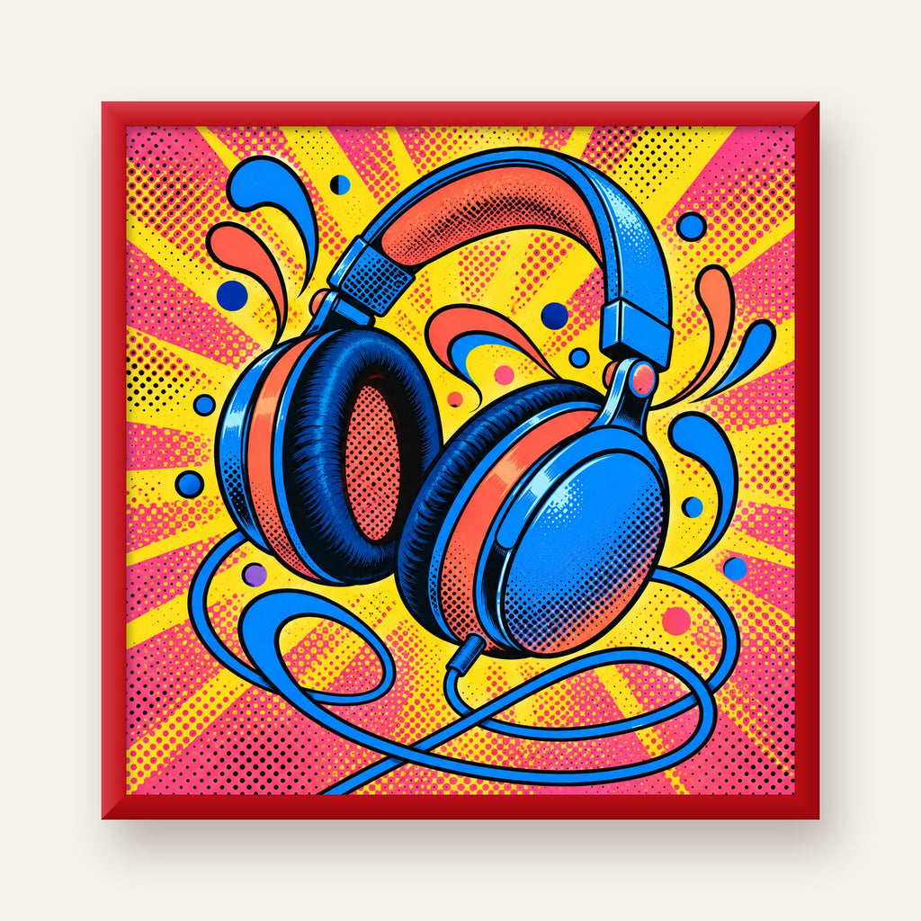 Pop Art Kulaklık Poster – Renkli ve Dinamik Duvar Dekoru — kırmızı çerçeveli