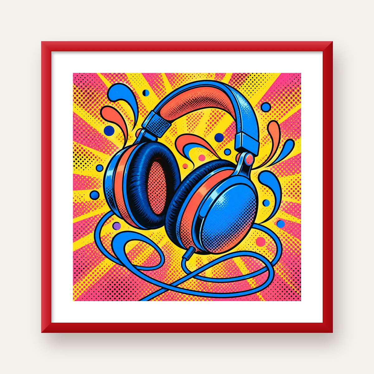 Pop Art Kulaklık Poster – Renkli ve Dinamik Duvar Dekoru — kırmızı çerçeveli paspartulu