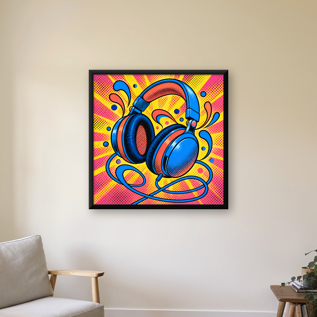 Pop Art Kulaklık Poster – Renkli ve Dinamik Duvar Dekoru — Kare baskı, çerçeveli hâliyle bir ev duvarında