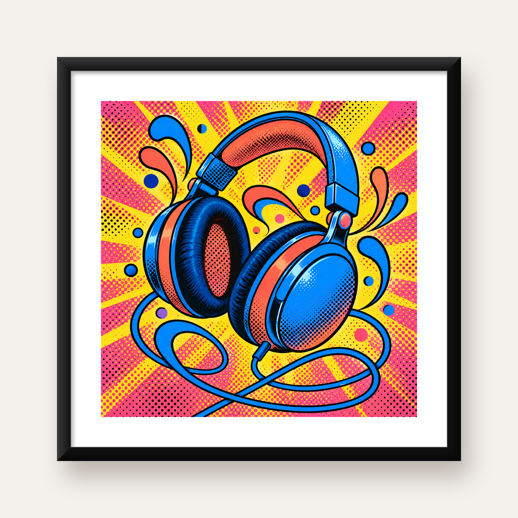 Pop Art Kulaklık Poster – Renkli ve Dinamik Duvar Dekoru — Kare baskı, beyaz paspartulu