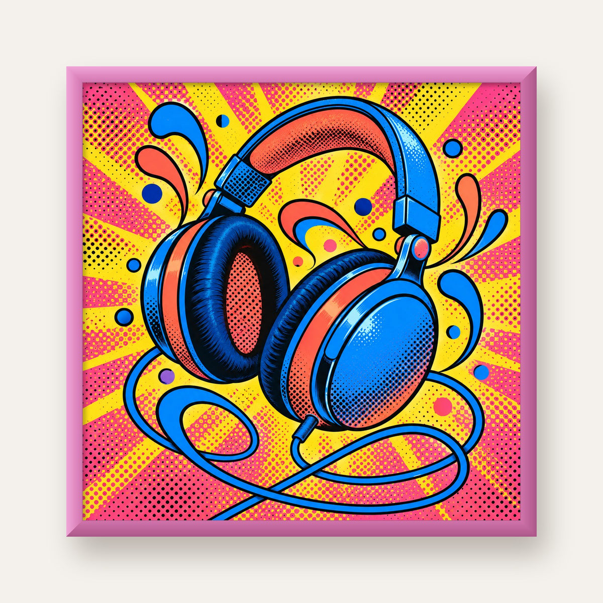 Pop Art Kulaklık Poster – Renkli ve Dinamik Duvar Dekoru — pembe çerçeveli