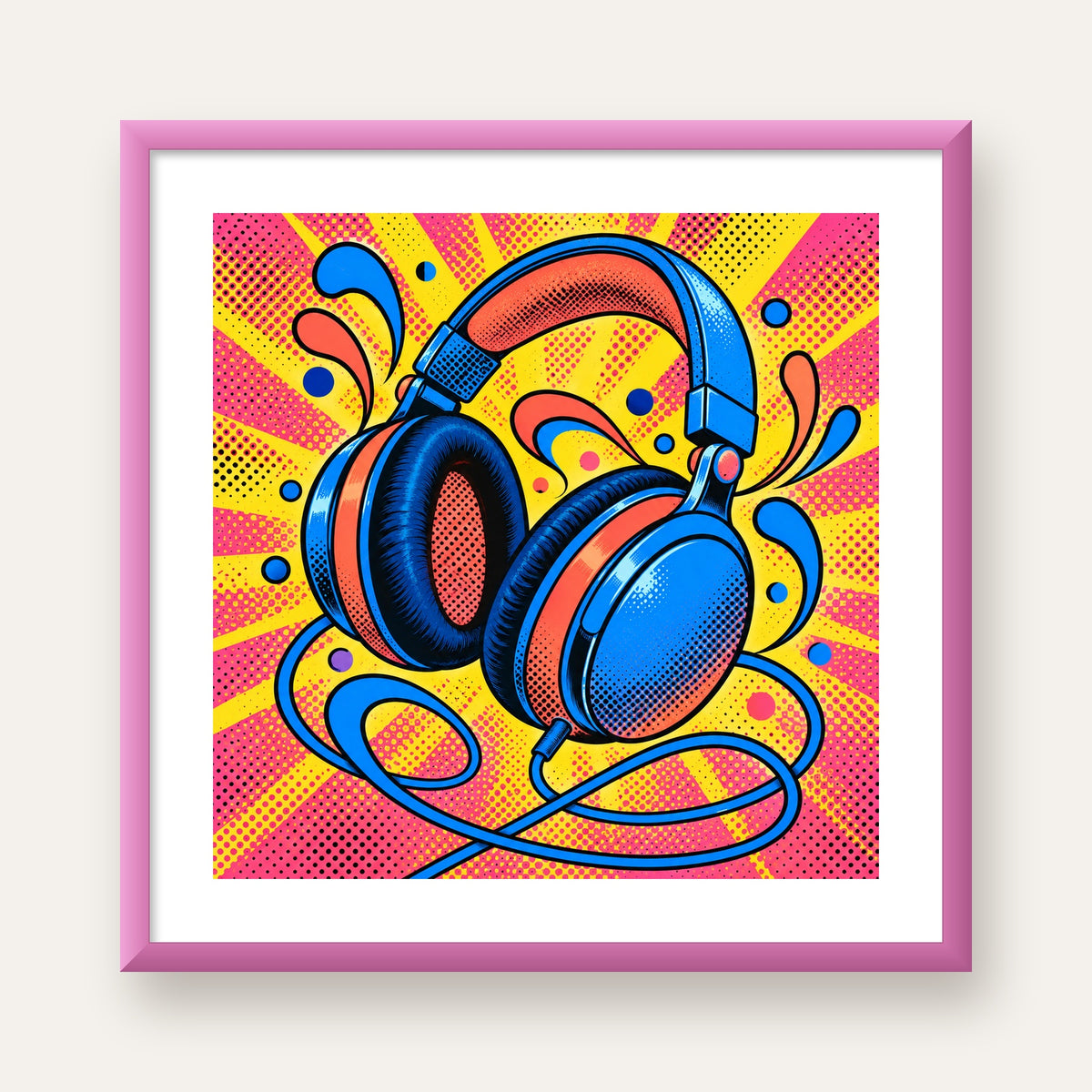 Pop Art Kulaklık Poster – Renkli ve Dinamik Duvar Dekoru — pembe çerçeveli paspartulu