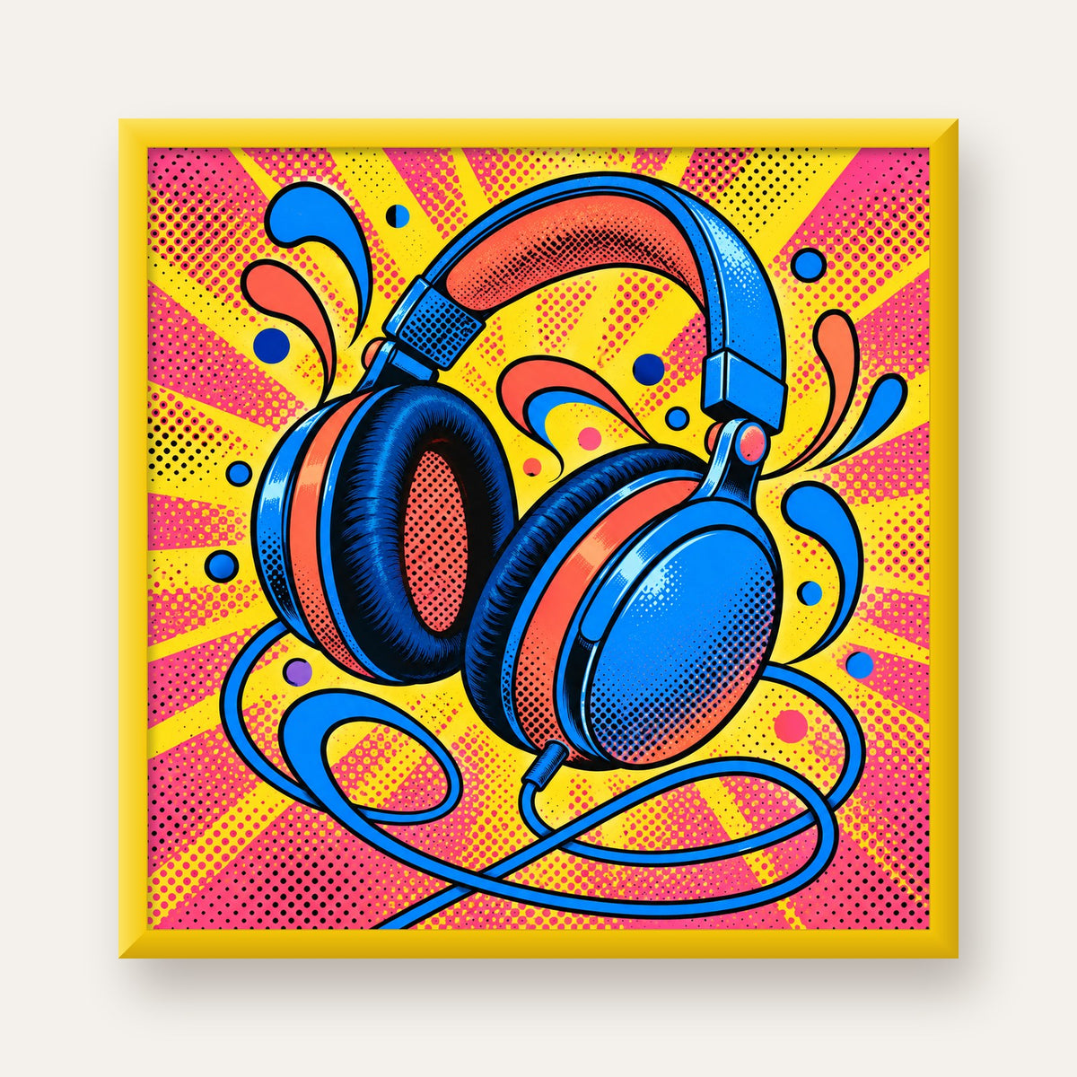 Pop Art Kulaklık Poster – Renkli ve Dinamik Duvar Dekoru — sarı çerçeveli