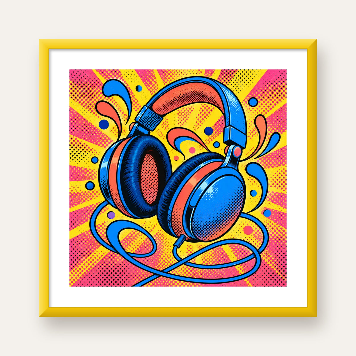 Pop Art Kulaklık Poster – Renkli ve Dinamik Duvar Dekoru — sarı çerçeveli paspartulu