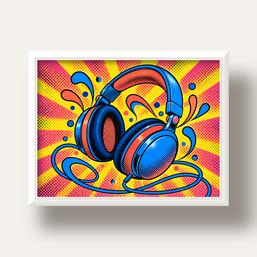 Pop Art Kulaklık Poster – Renkli ve Dinamik Duvar Dekoru — beyaz derin çerçeveli
