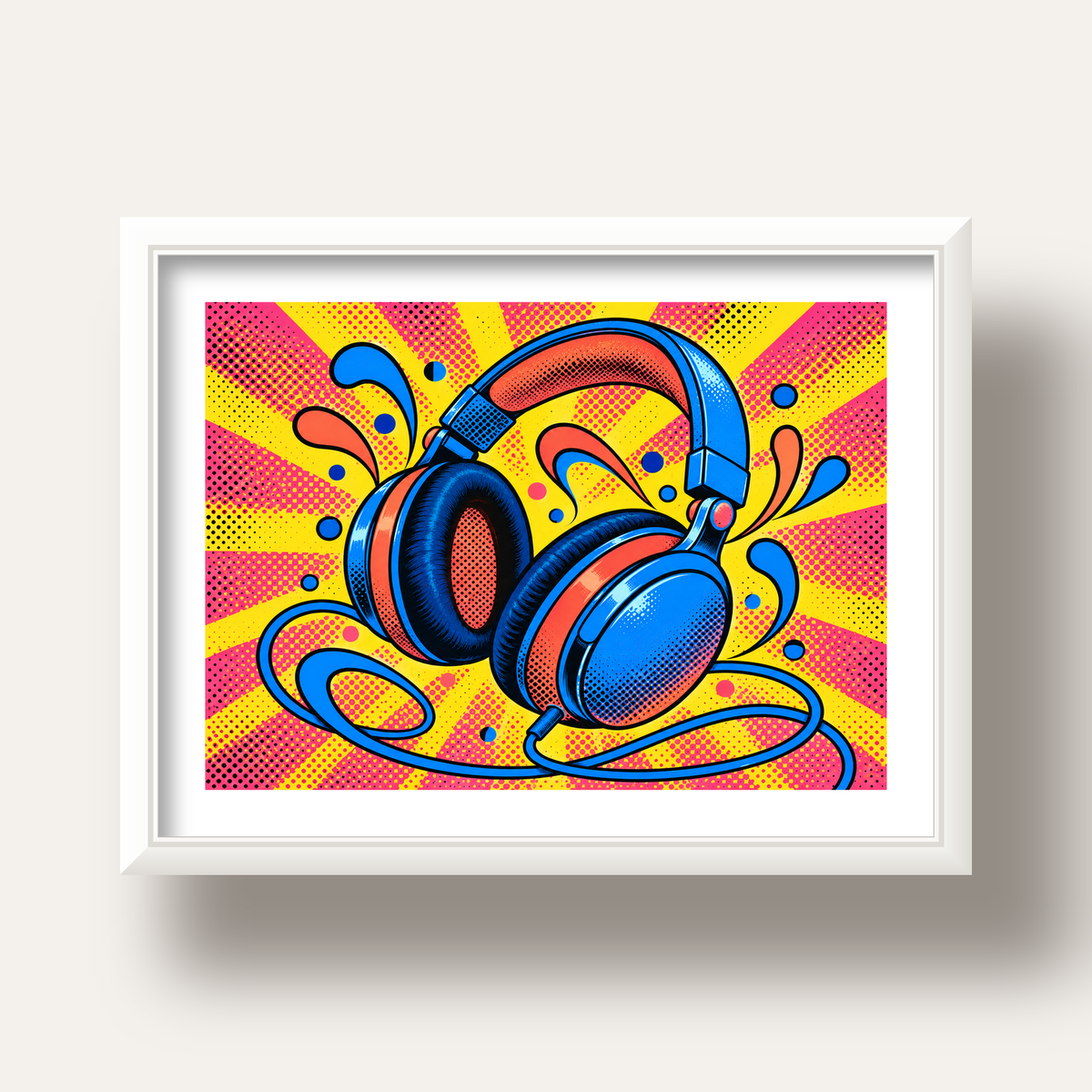 Pop Art Kulaklık Poster – Renkli ve Dinamik Duvar Dekoru — beyaz derin çerçeveli paspartulu