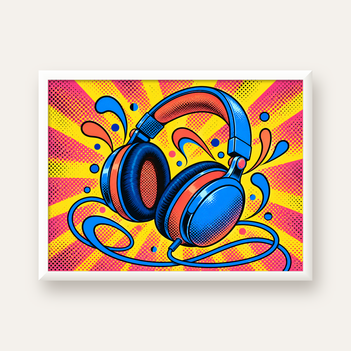 Pop Art Kulaklık Poster – Renkli ve Dinamik Duvar Dekoru — beyaz çerçeveli yatay poster