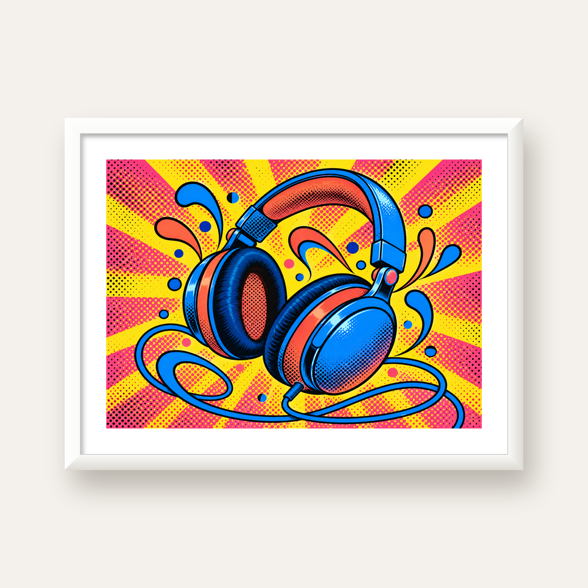 Pop Art Kulaklık Poster – Renkli ve Dinamik Duvar Dekoru — beyaz çerçeveli yatay poster