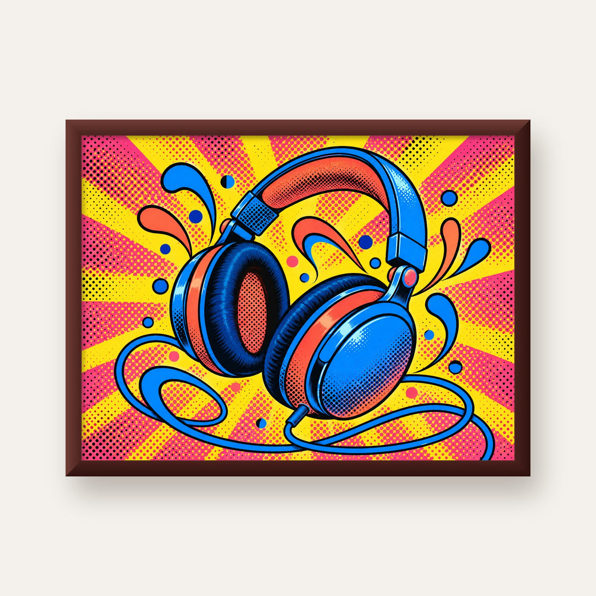 Pop Art Kulaklık Poster – Renkli ve Dinamik Duvar Dekoru — ceviz çerçeveli