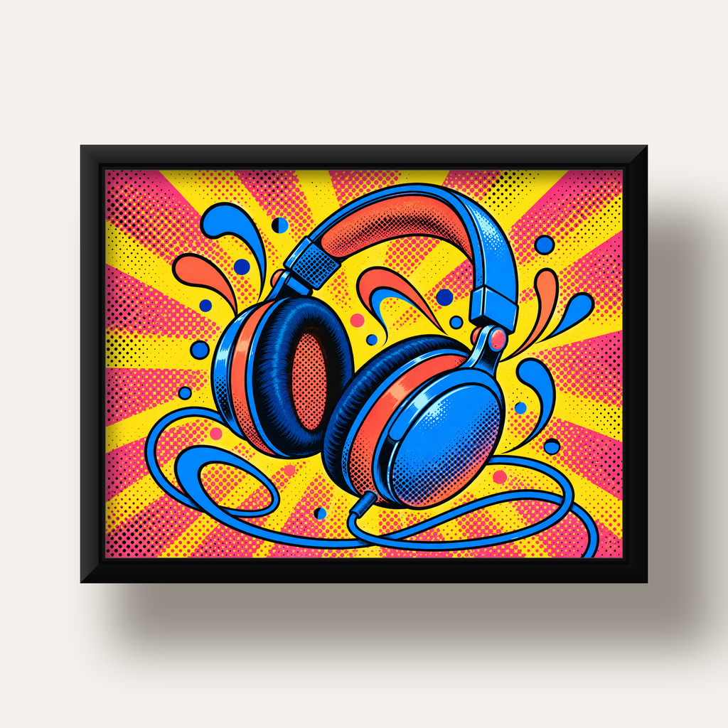 Pop Art Kulaklık Poster – Renkli ve Dinamik Duvar Dekoru — siyah derin çerçeveli