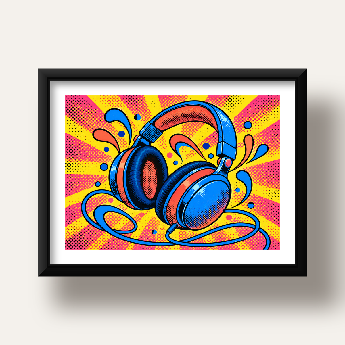 Pop Art Kulaklık Poster – Renkli ve Dinamik Duvar Dekoru — siyah derin çerçeveli paspartulu