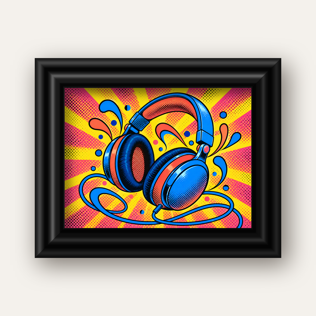 Pop Art Kulaklık Poster – Renkli ve Dinamik Duvar Dekoru — siyah galeri çerçeveli