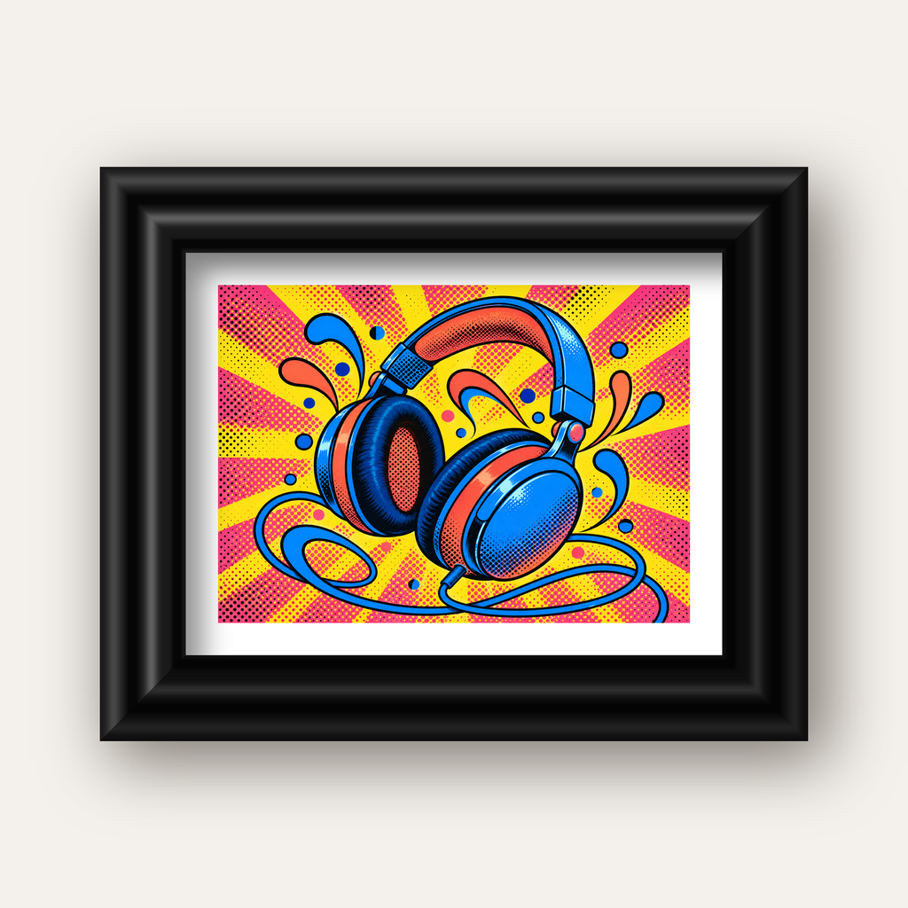 Pop Art Kulaklık Poster – Renkli ve Dinamik Duvar Dekoru — siyah galeri çerçeveli paspartulu