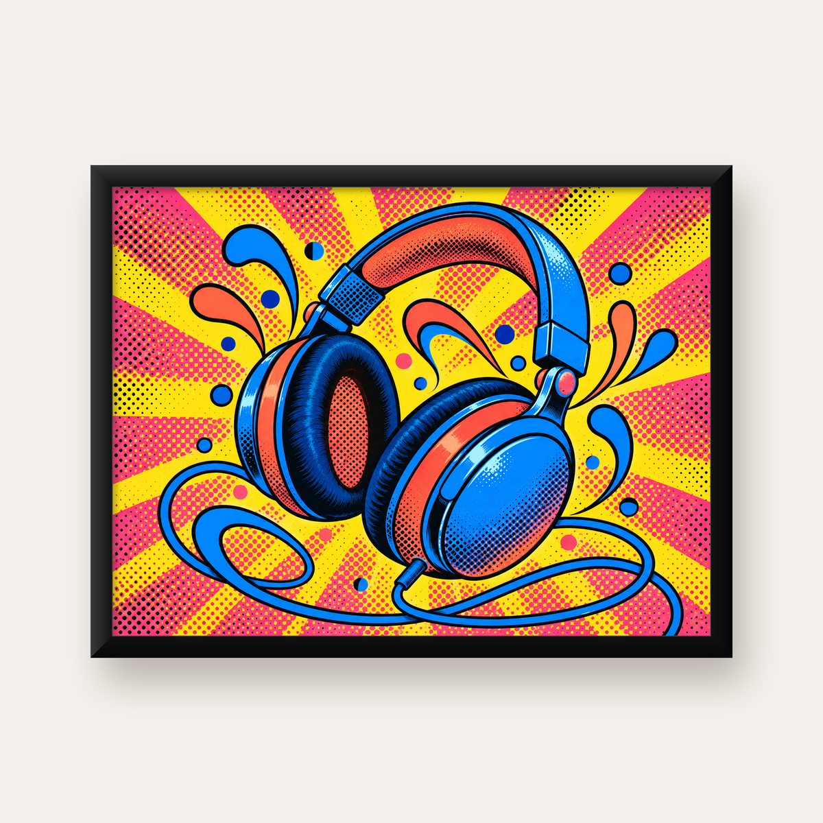 Pop Art Kulaklık Poster – Renkli ve Dinamik Duvar Dekoru — Yatay baskı, düz siyah çerçeveli duvar posteri
