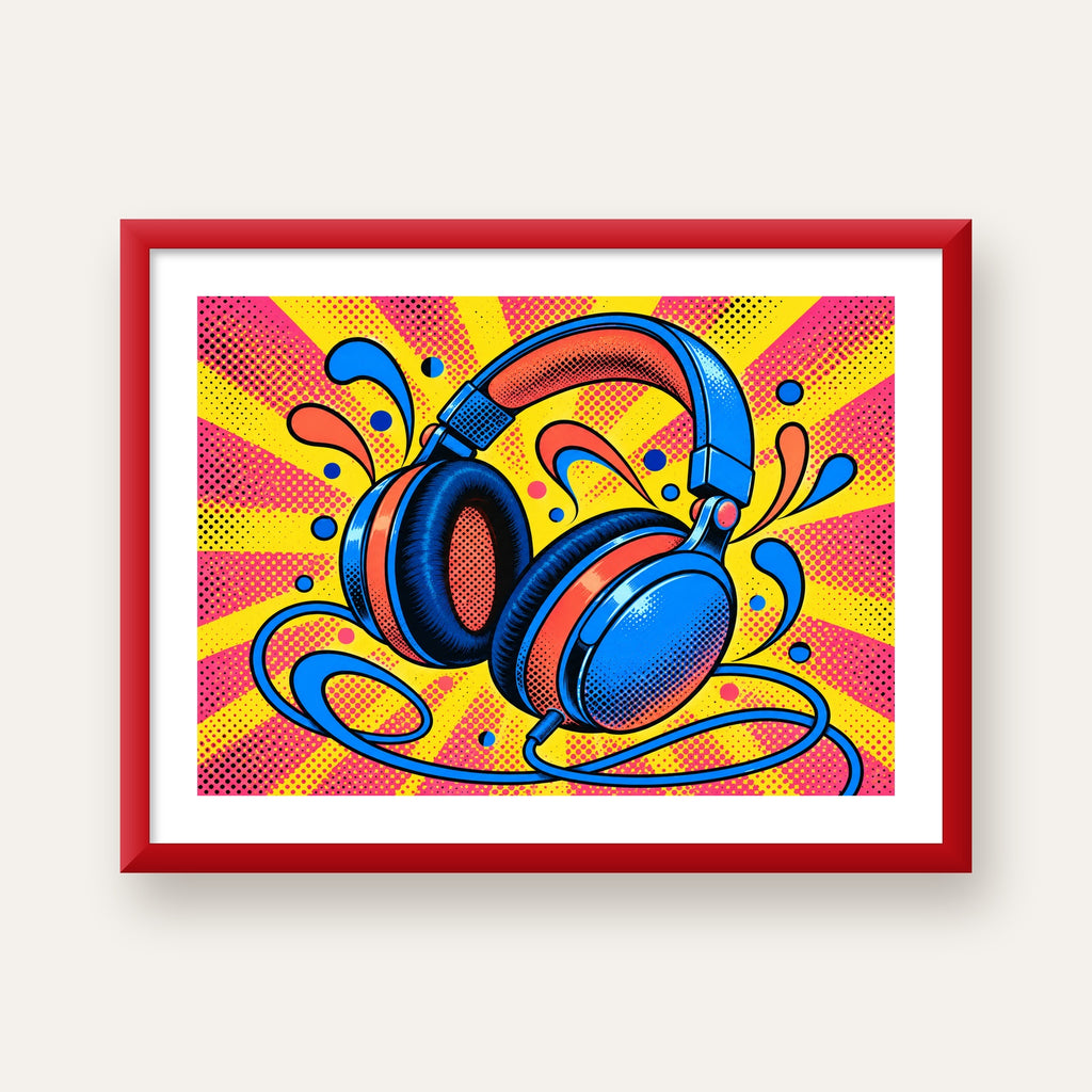 Pop Art Kulaklık Poster – Renkli ve Dinamik Duvar Dekoru — kırmızı çerçeveli paspartulu