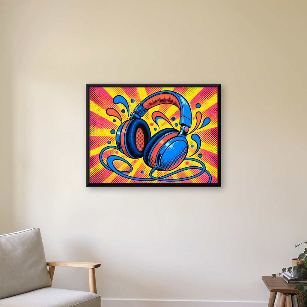 Pop Art Kulaklık Poster – Renkli ve Dinamik Duvar Dekoru — Yatay baskı, çerçeveli hâliyle bir ev duvarında