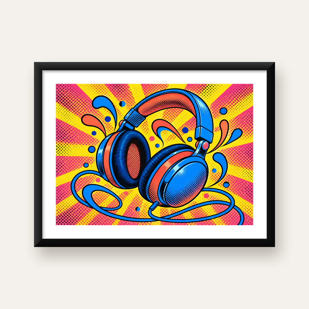 Pop Art Kulaklık Poster – Renkli ve Dinamik Duvar Dekoru — Yatay baskı, beyaz paspartulu