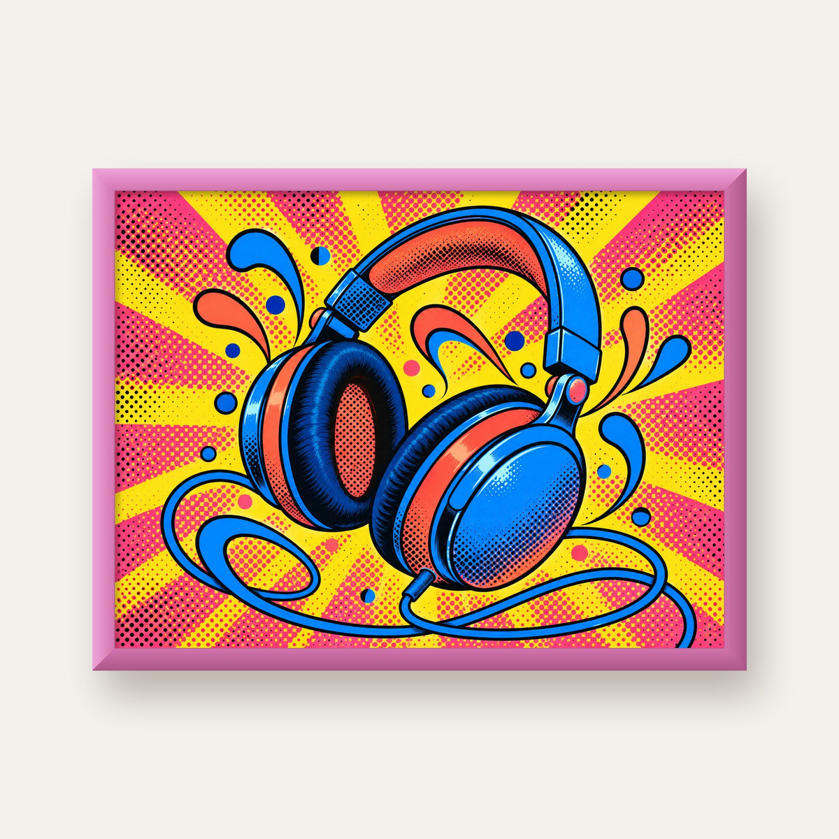 Pop Art Kulaklık Poster – Renkli ve Dinamik Duvar Dekoru — pembe çerçeveli