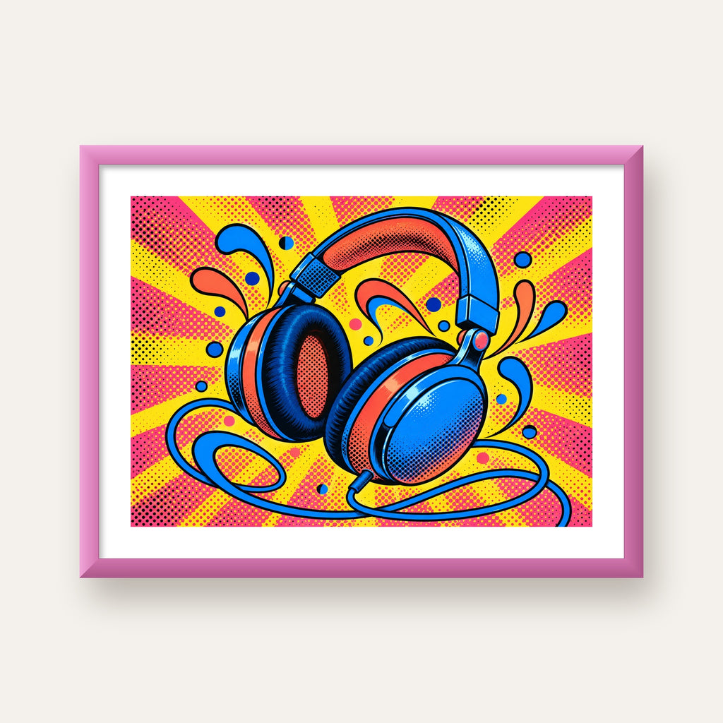 Pop Art Kulaklık Poster – Renkli ve Dinamik Duvar Dekoru — pembe çerçeveli paspartulu