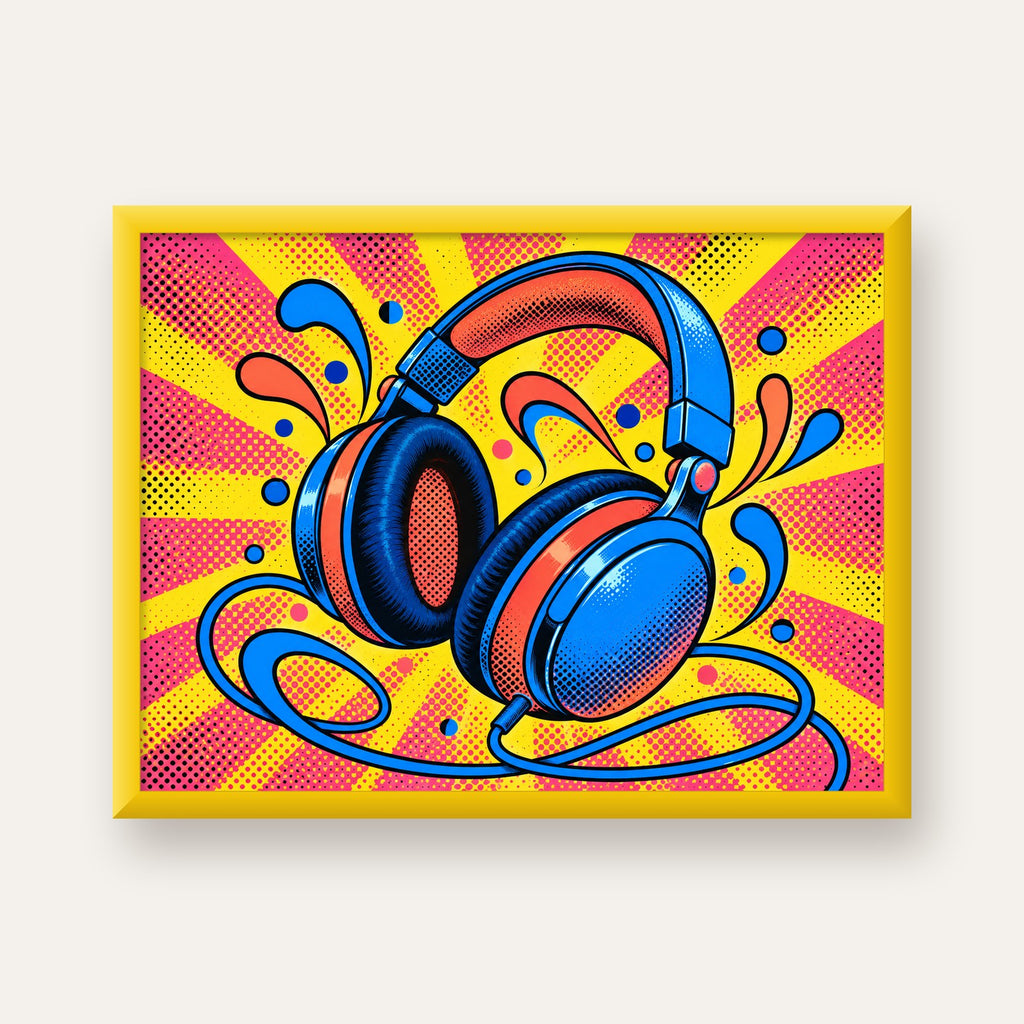 Pop Art Kulaklık Poster – Renkli ve Dinamik Duvar Dekoru — sarı çerçeveli