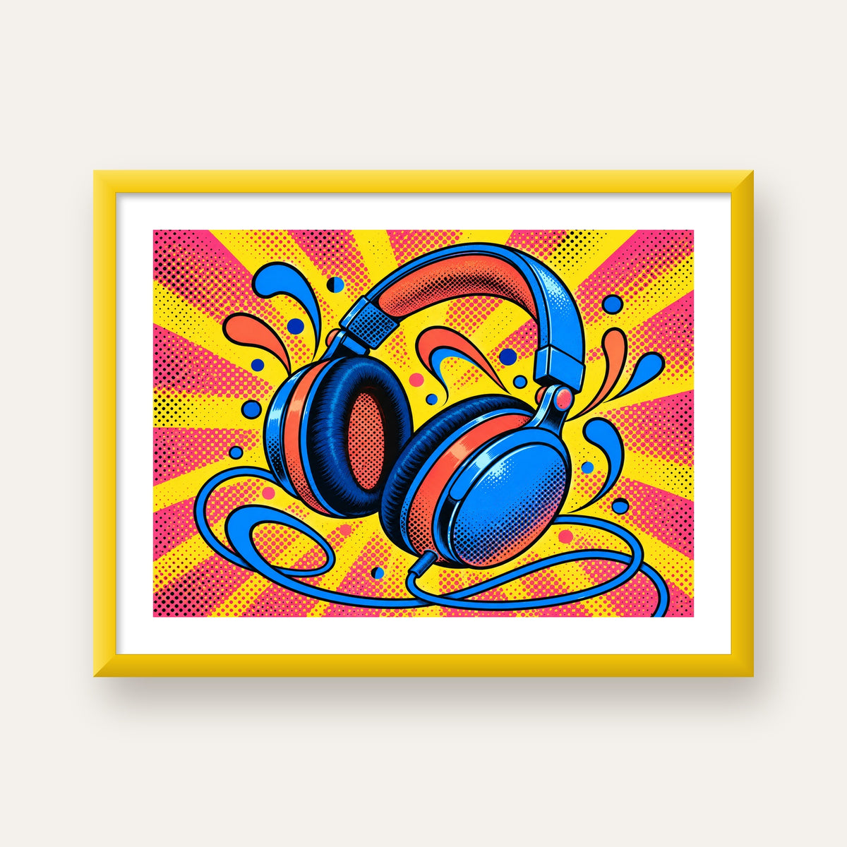 Pop Art Kulaklık Poster – Renkli ve Dinamik Duvar Dekoru — sarı çerçeveli paspartulu