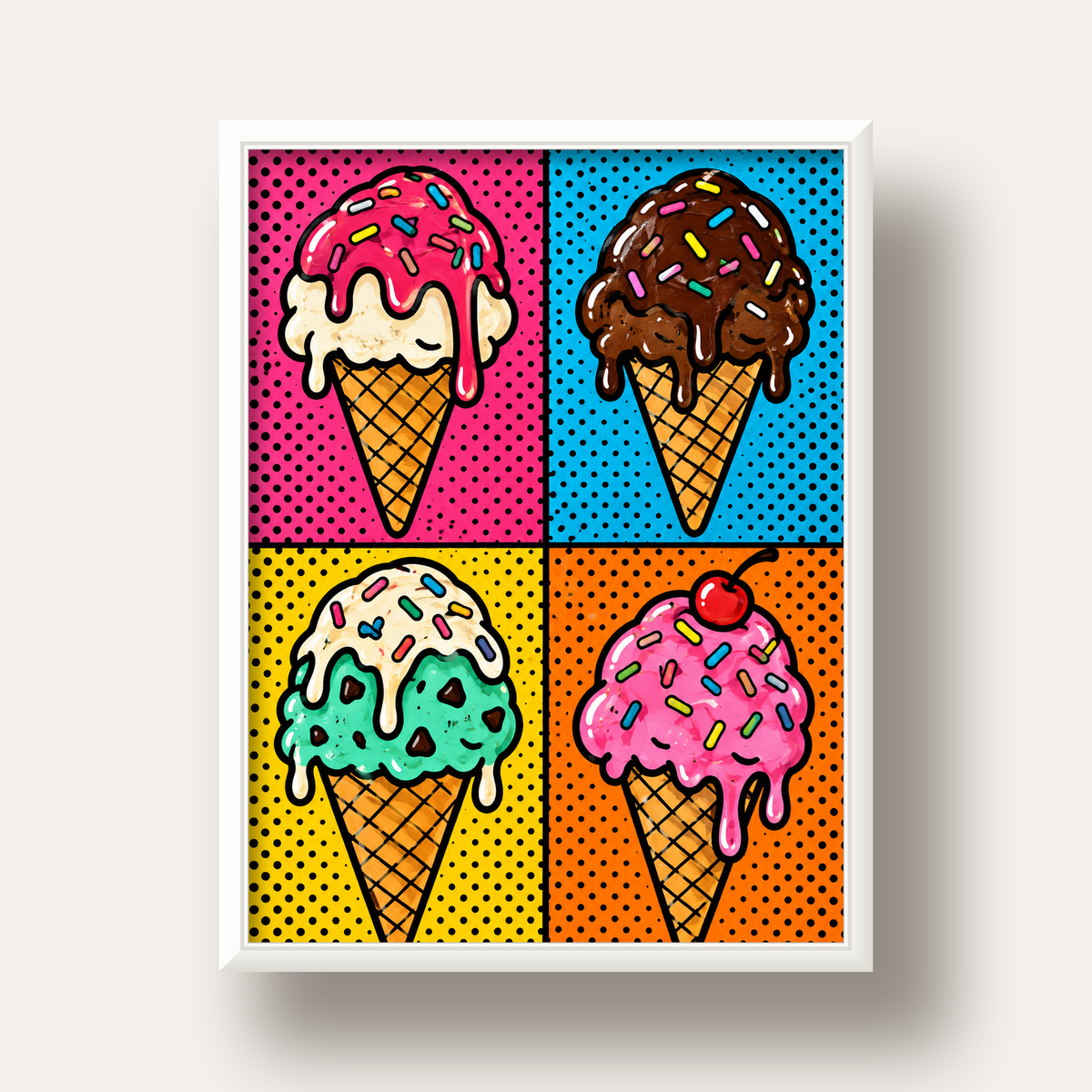 Pop Art Dondurma Külahları Poster – Renkli ve Neşeli Duvar Dekoru — beyaz derin çerçeveli