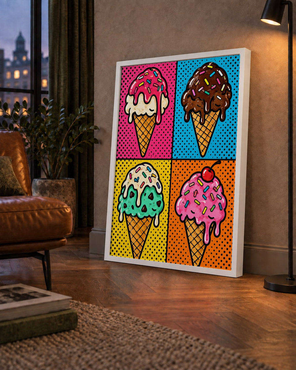 Pop Art Dondurma Külahları Poster – Renkli ve Neşeli Duvar Dekoru — çerçeveli hâliyle bir ev duvarında
