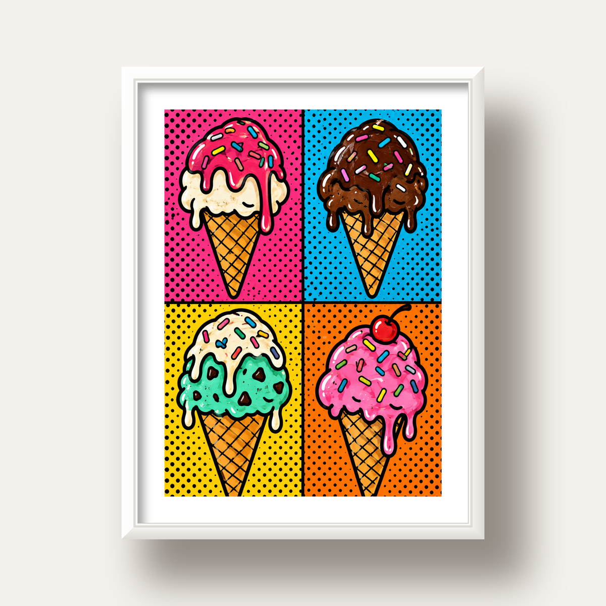 Pop Art Dondurma Külahları Poster – Renkli ve Neşeli Duvar Dekoru — beyaz derin çerçeveli paspartulu