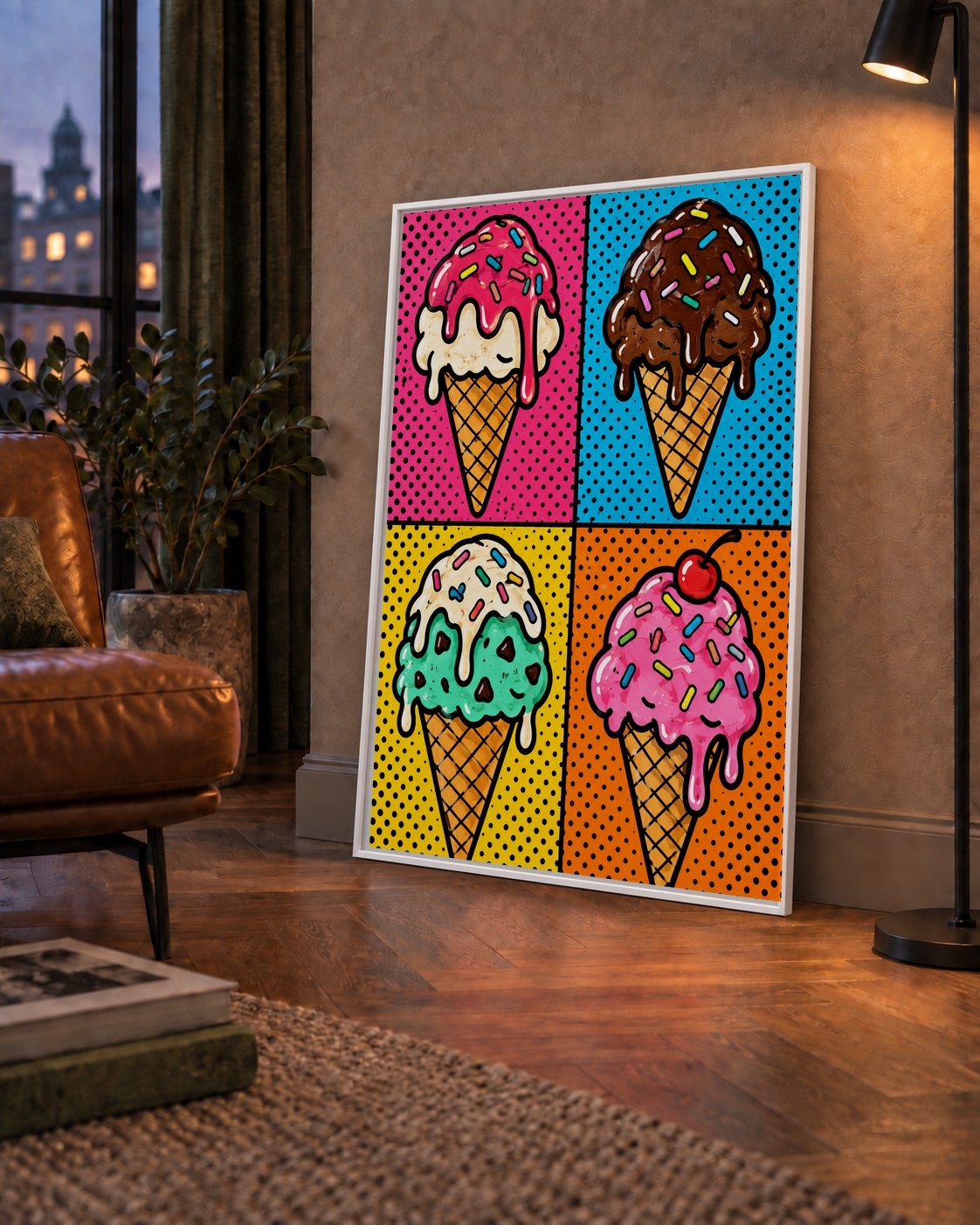 Pop Art Dondurma Külahları Poster – Renkli ve Neşeli Duvar Dekoru — çerçeveli hâliyle bir ev duvarında