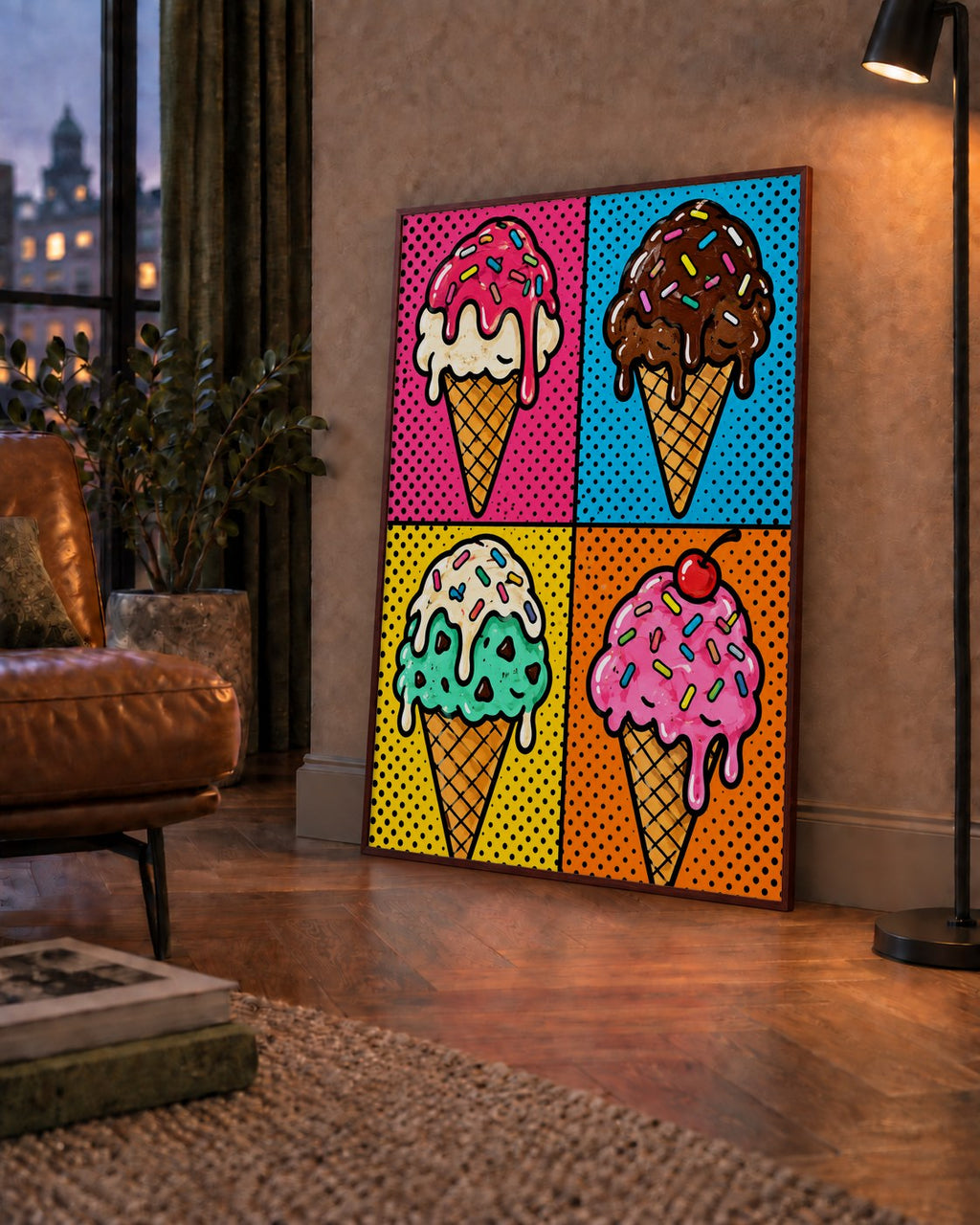 Pop Art Dondurma Külahları Poster – Renkli ve Neşeli Duvar Dekoru — çerçeveli hâliyle bir ev duvarında